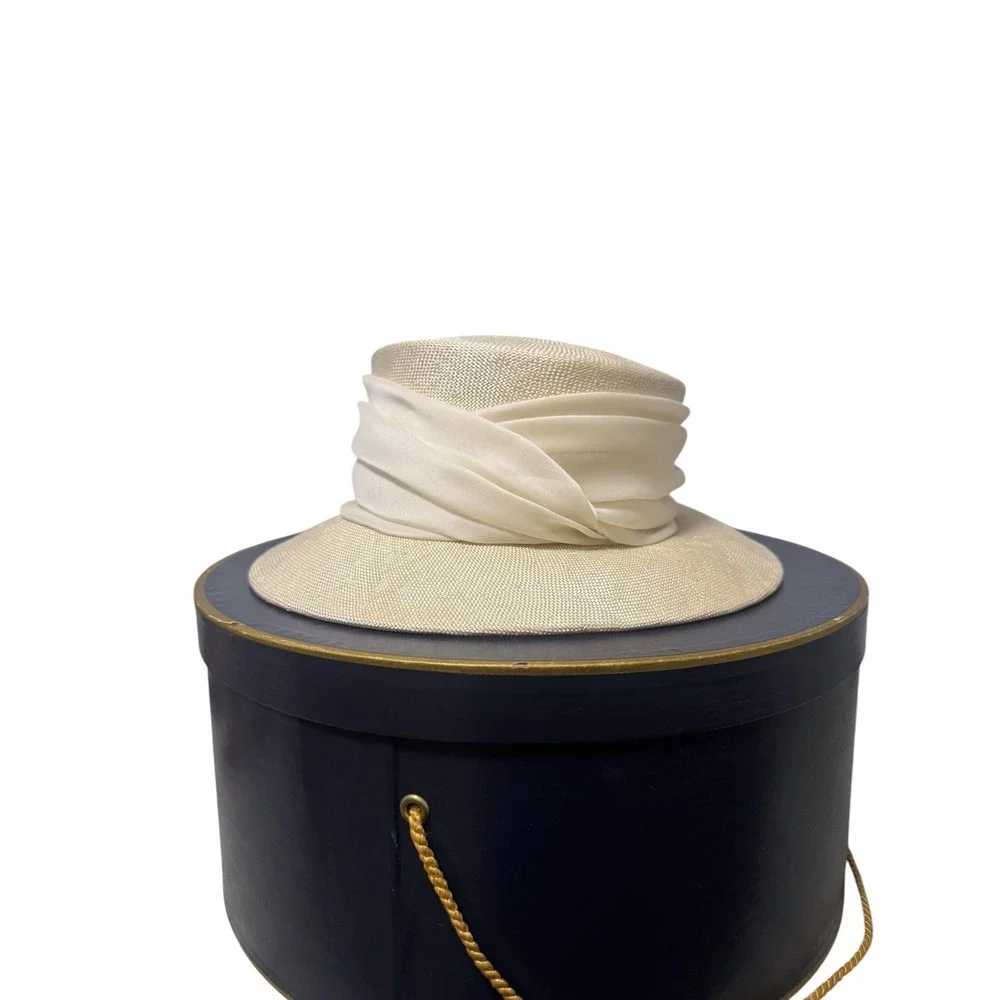 Suzanne Couture Millinery NYC VTG Cream Straw Boater Hat Wide Brim original box